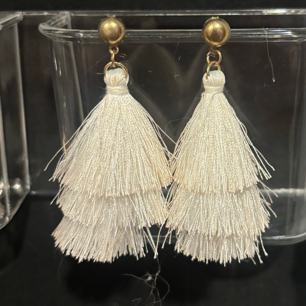 White Tassel Earrings with Gold Accents